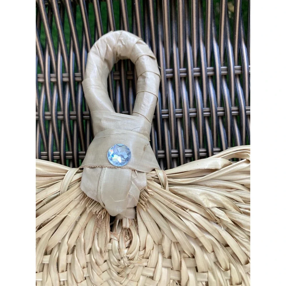 Vintage Boho Woven Raffia Fan w/ Rhinestone - Heart Shaped - Leaf Wall Decor